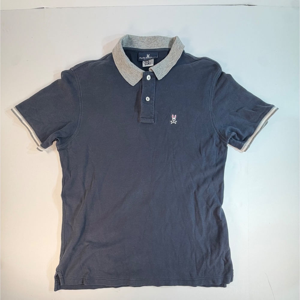 Psycho Bunny Mens Navy Blue Short Sleeve Polo Shirt Grey Trim Size 5 Large